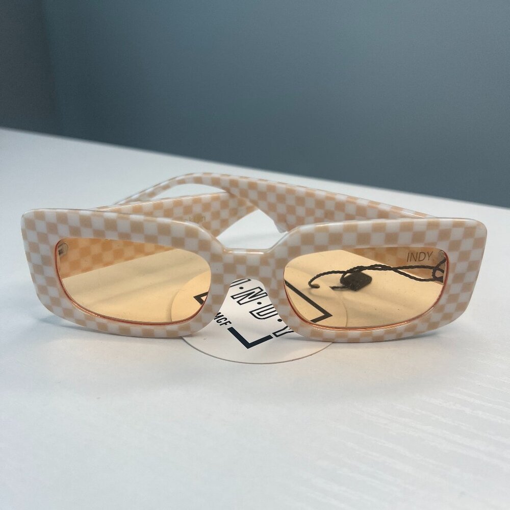Indy Peach Cream Checkerboard Rectangular Sunglas… - image 2